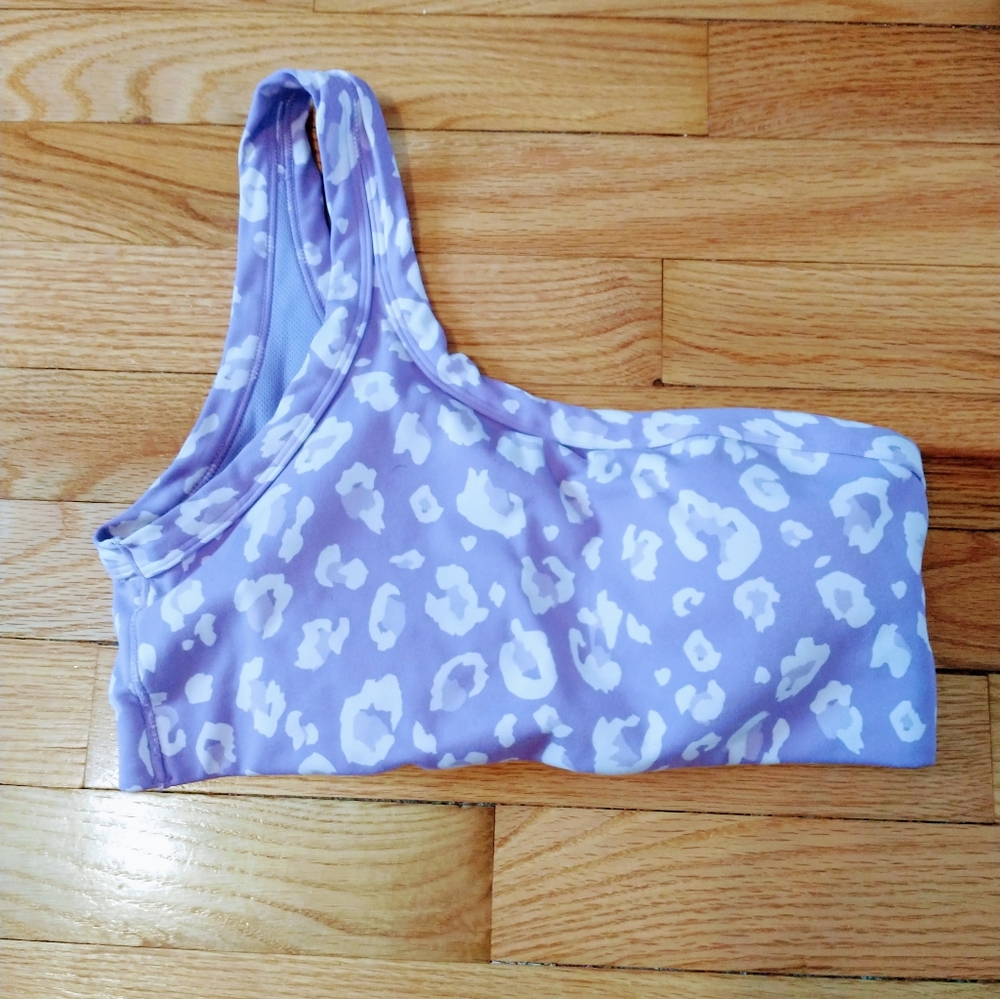 All in motion purple cheetah print sports bra with one strap and removable pads